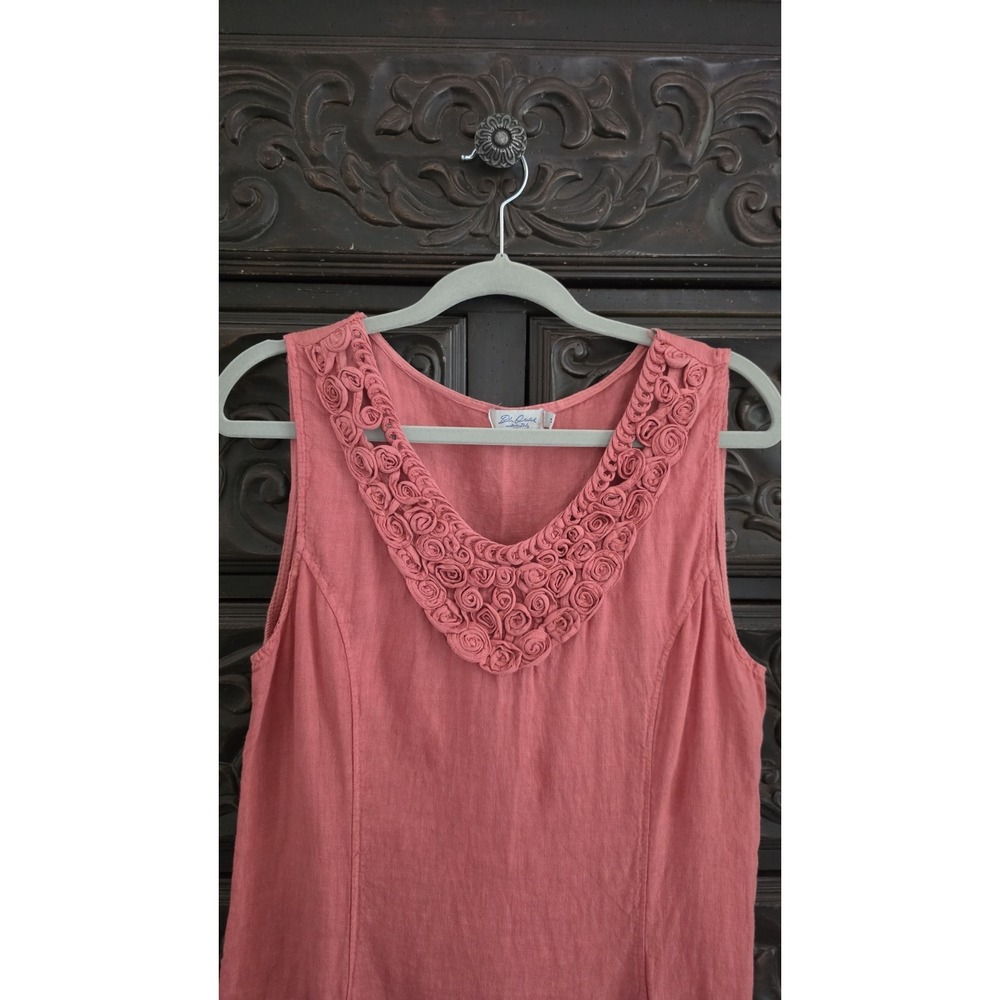 Blu Orchid Italy Linen Dress Rosette Neckline Boho Pockets Lagenlook Boho Chic M